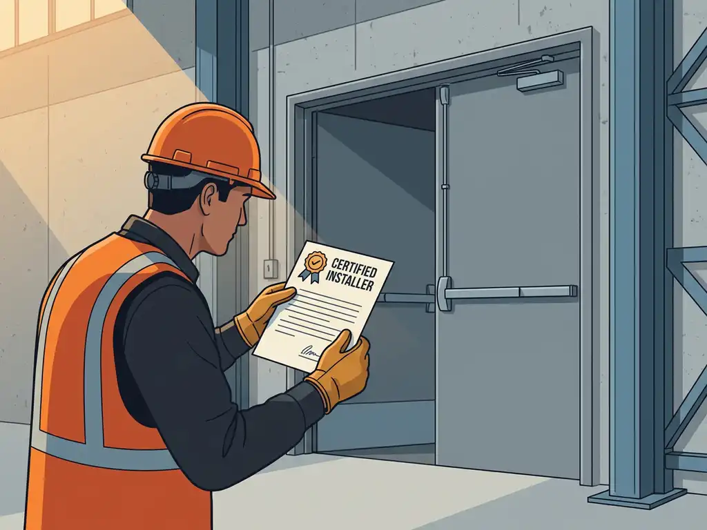 Certified installer in hard hat inspecting a steel fire-rated door while holding an official certification document inside an industrial facility.