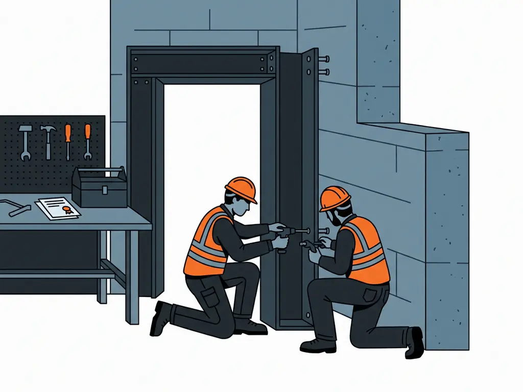 Certified installer securing a steel fire-rated industrial door frame into a concrete wall, with tools and certification documents on a nearby workbench.