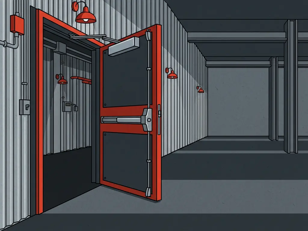 Heavy industrial fire door mid-swing in a warehouse corridor, with an overhead automatic door closer arm visible at the top.