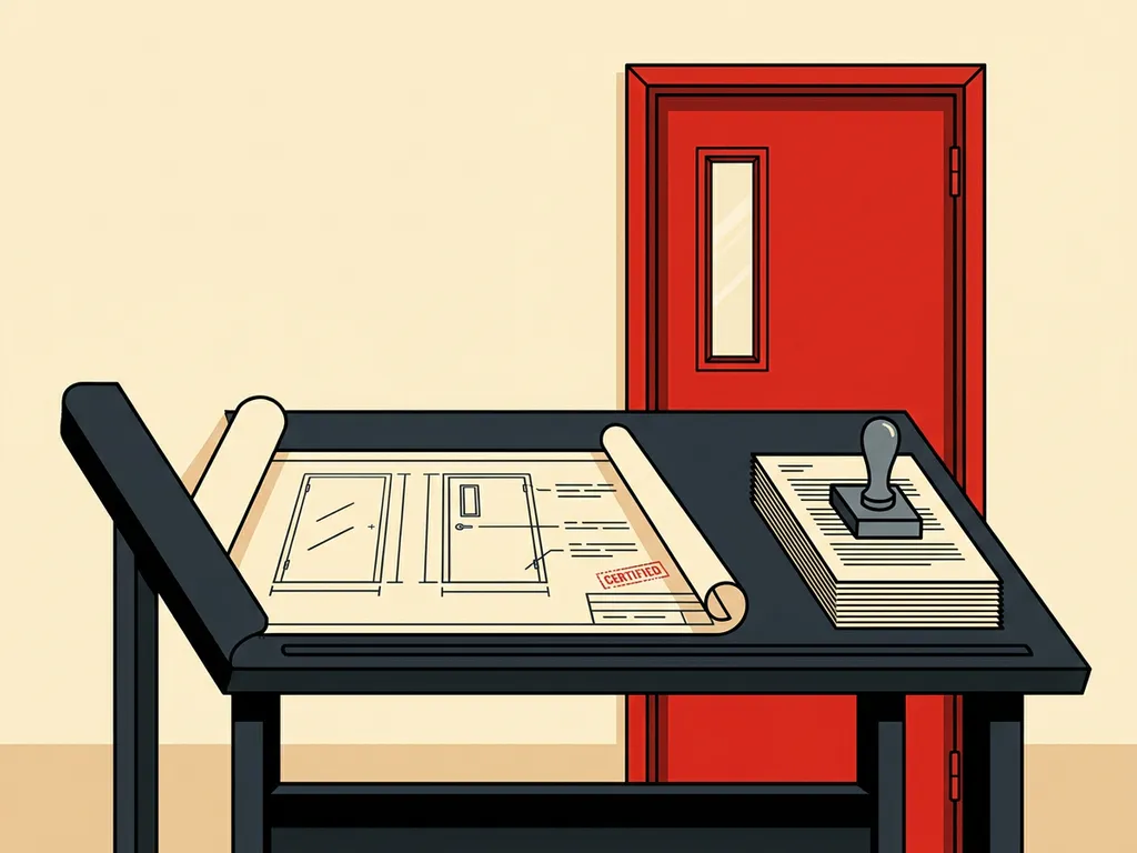 Fire door blueprint unrolling on a drafting table beside a red steel industrial fire door and stamped technical specification document.