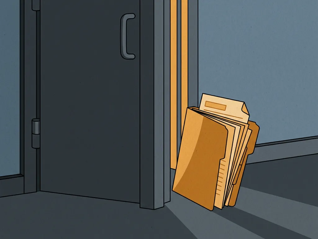 Steel fire door standing ajar in an industrial corridor with an open manila folder of fire certification documents resting against its frame.