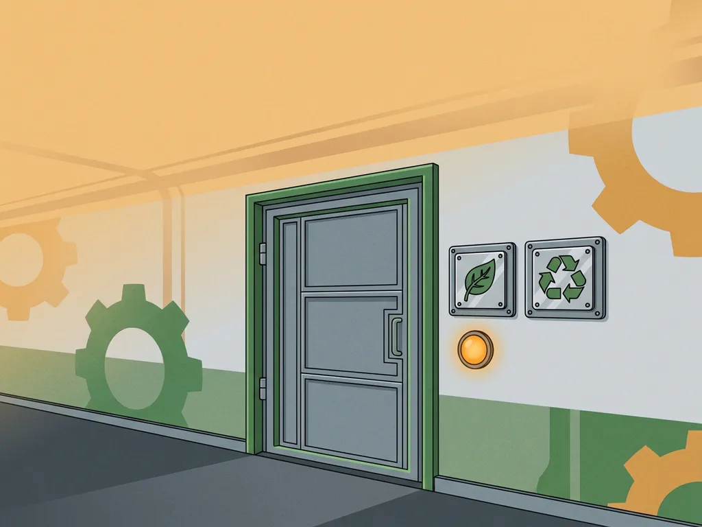Heavy industrial fire door in a factory corridor with metal leaf and recycling arrow plaques on slate grey and green walls.