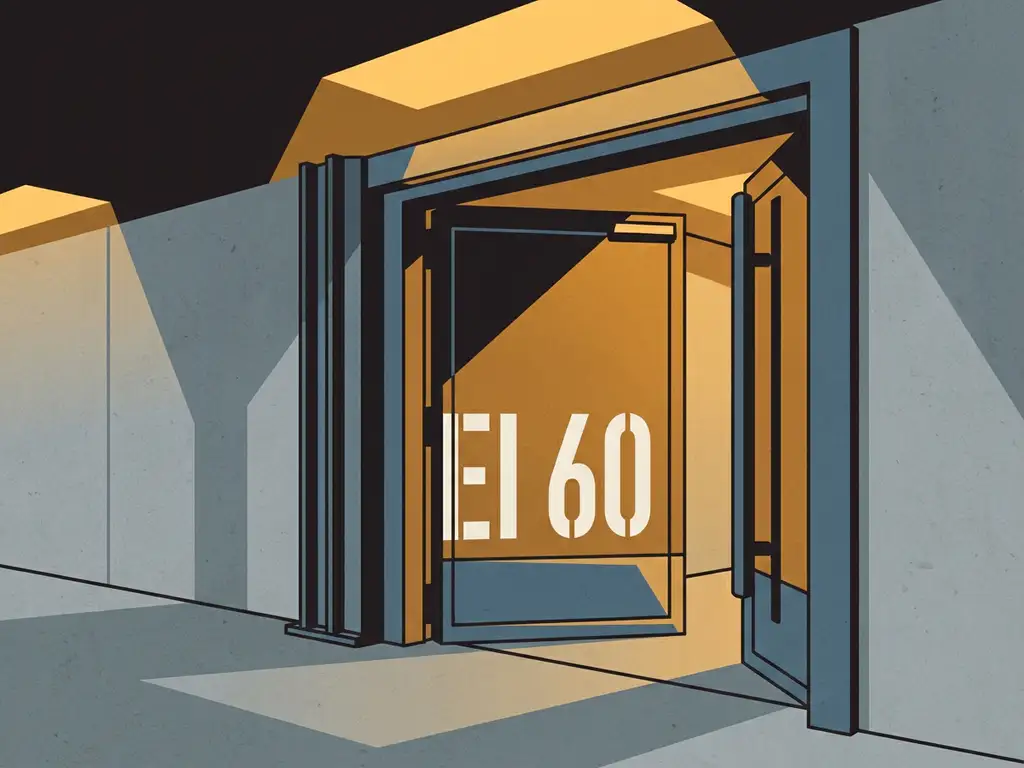EI 60 rated fire door partially open in a concrete industrial corridor under warm amber emergency lighting.