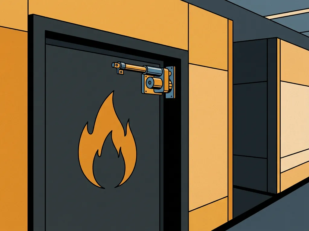 Heavy industrial fire door with electric actuator in a modern corridor, flat illustration style with amber and steel blue tones.