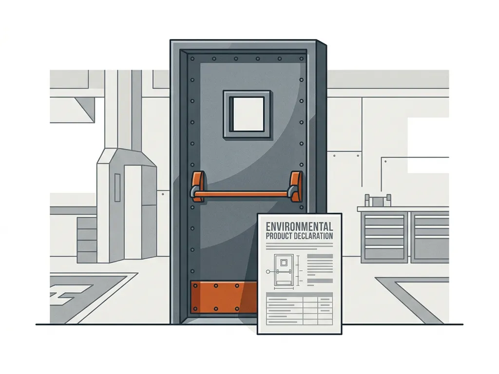 Steel fire door in an industrial workshop with an Environmental Product Declaration document resting at its base.