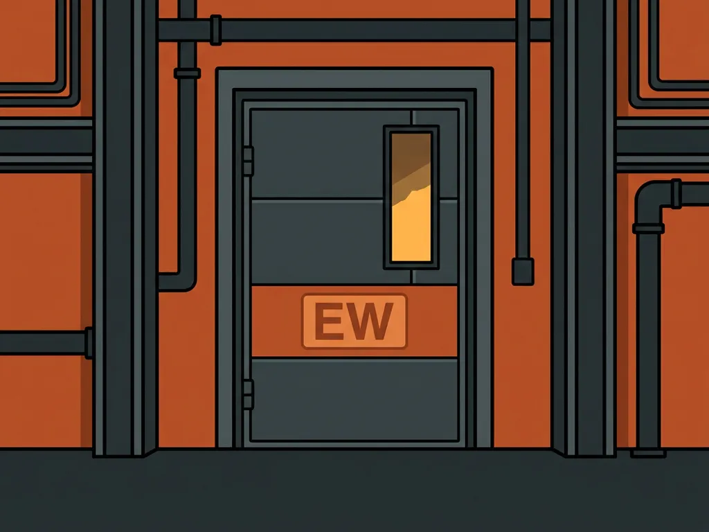 Heavy industrial fire door with EW classification label in a concrete corridor, amber light glowing through smoke-tinted glazed panel.