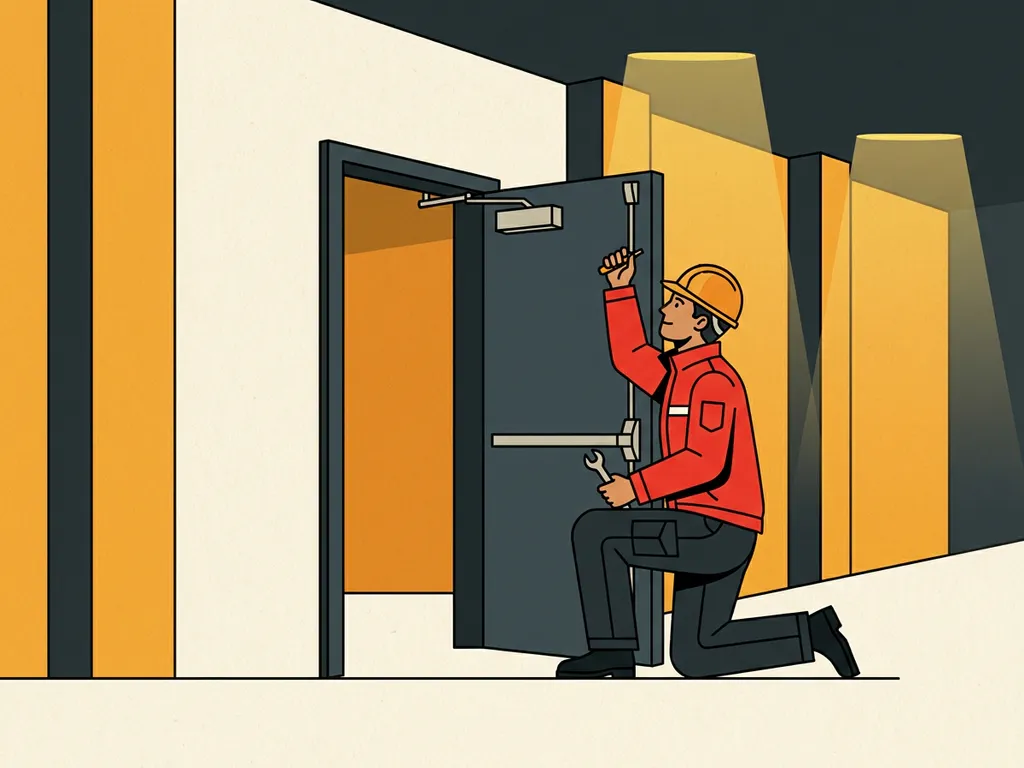 Technician inspecting hydraulic door closer on a heavy industrial fire door mid-swing in a warehouse corridor.