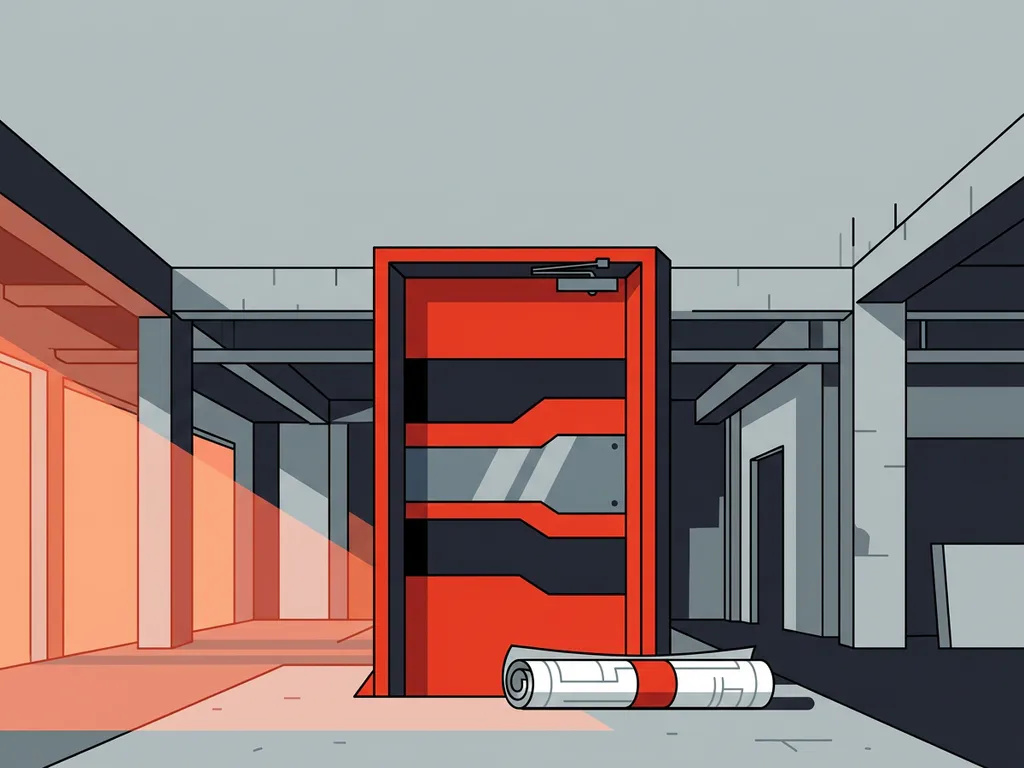 Industrial fire door with red, charcoal, and grey classification bands, architect's rolled plans leaning against its base on a construction site.