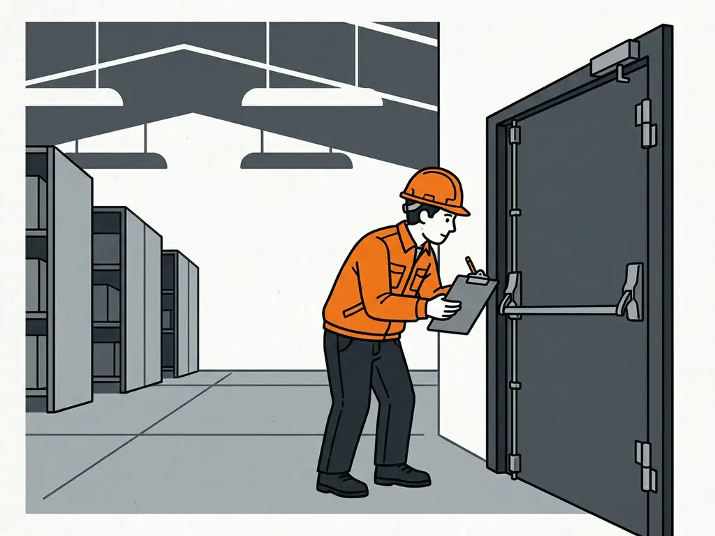 Fire door inspector in a hard hat examining a steel fire door with clipboard inside a large industrial warehouse.