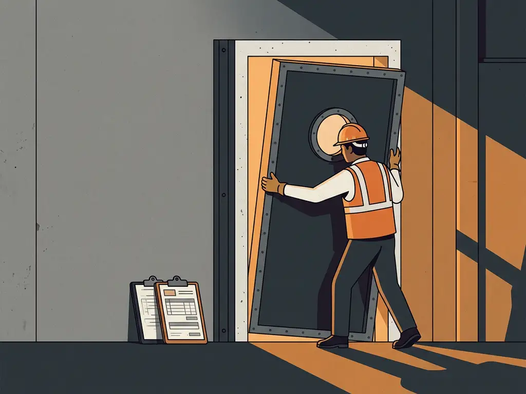 Certified technician installing a heavy steel fire door into a concrete industrial doorframe, with inspection documents on a clipboard nearby.