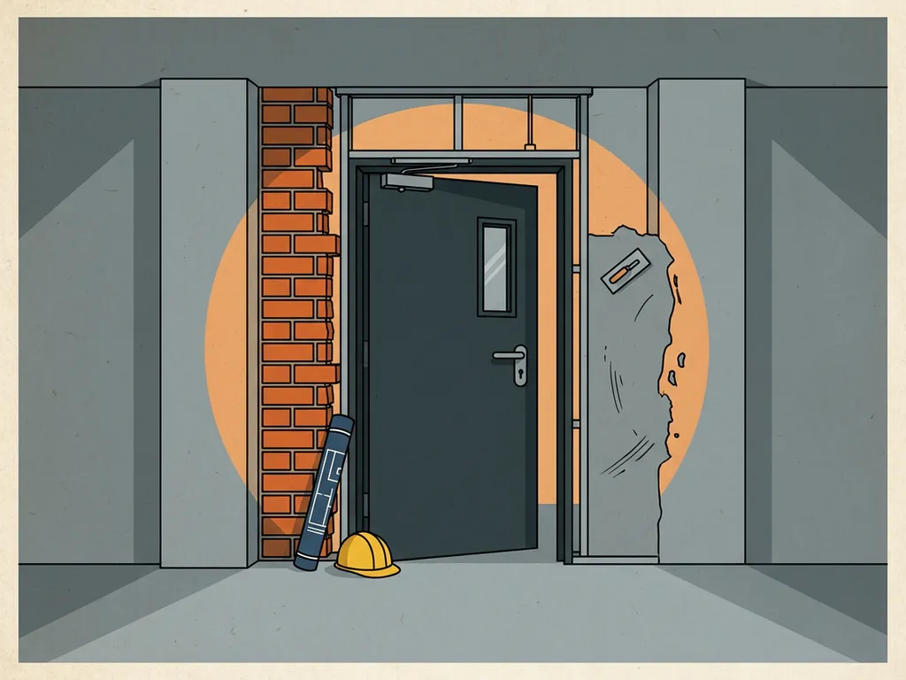 Heavy industrial fire door being installed in a concrete corridor with exposed brick, fresh plaster, a rolled blueprint, and yellow hard hat against the doorframe.