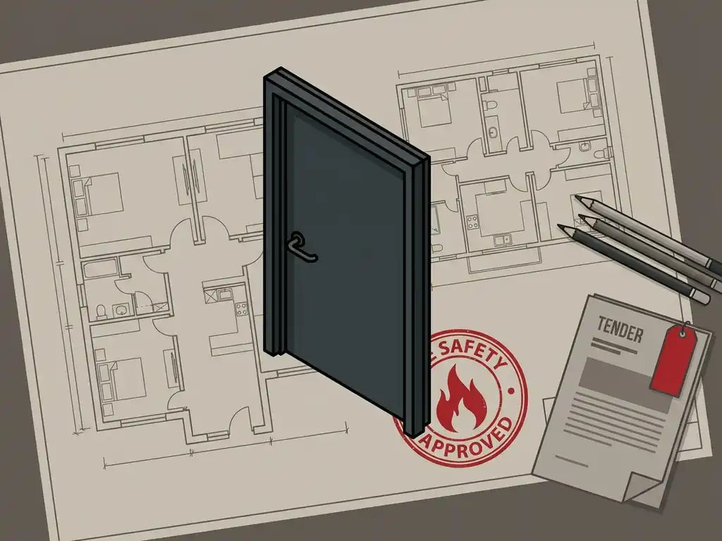 Steel fire door standing on architectural floor plan drawings with a red fire safety stamp, construction pencils, and folded tender document nearby.