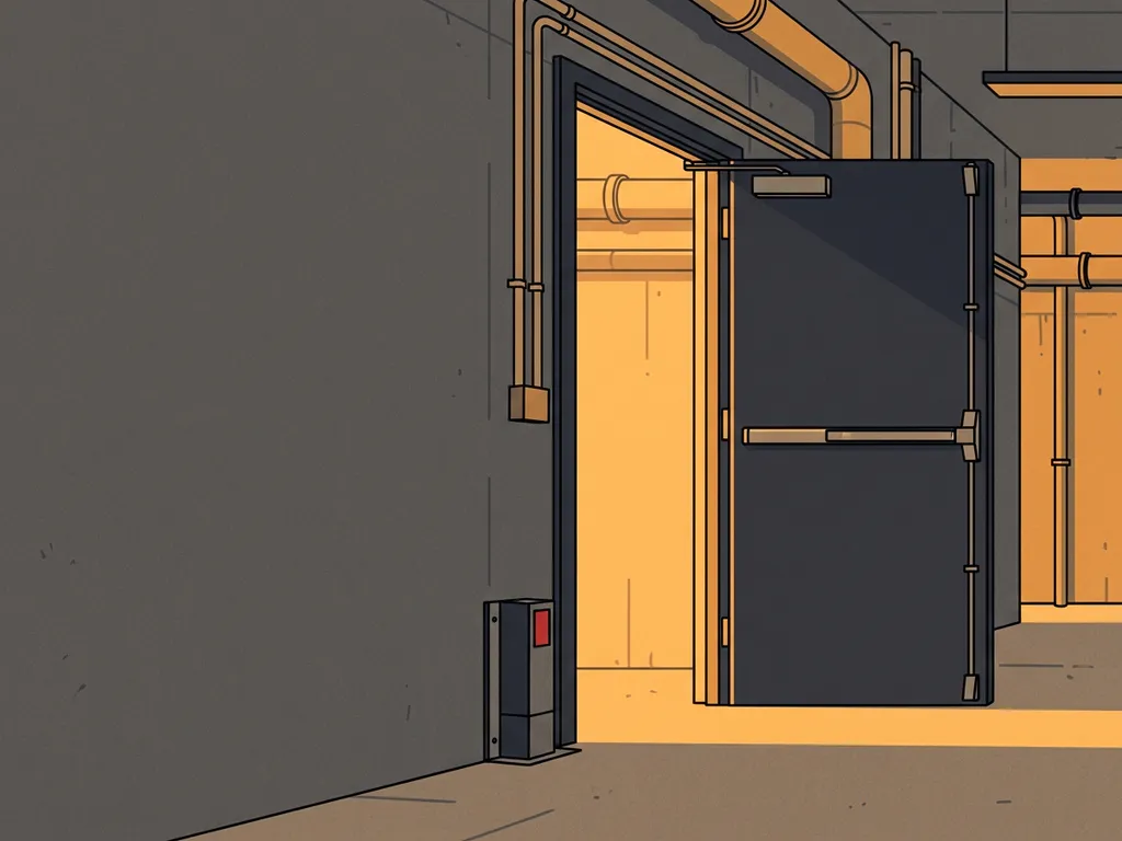 Heavy industrial fire door held open by a floor-mounted magnetic hold-open device in a concrete warehouse corridor.