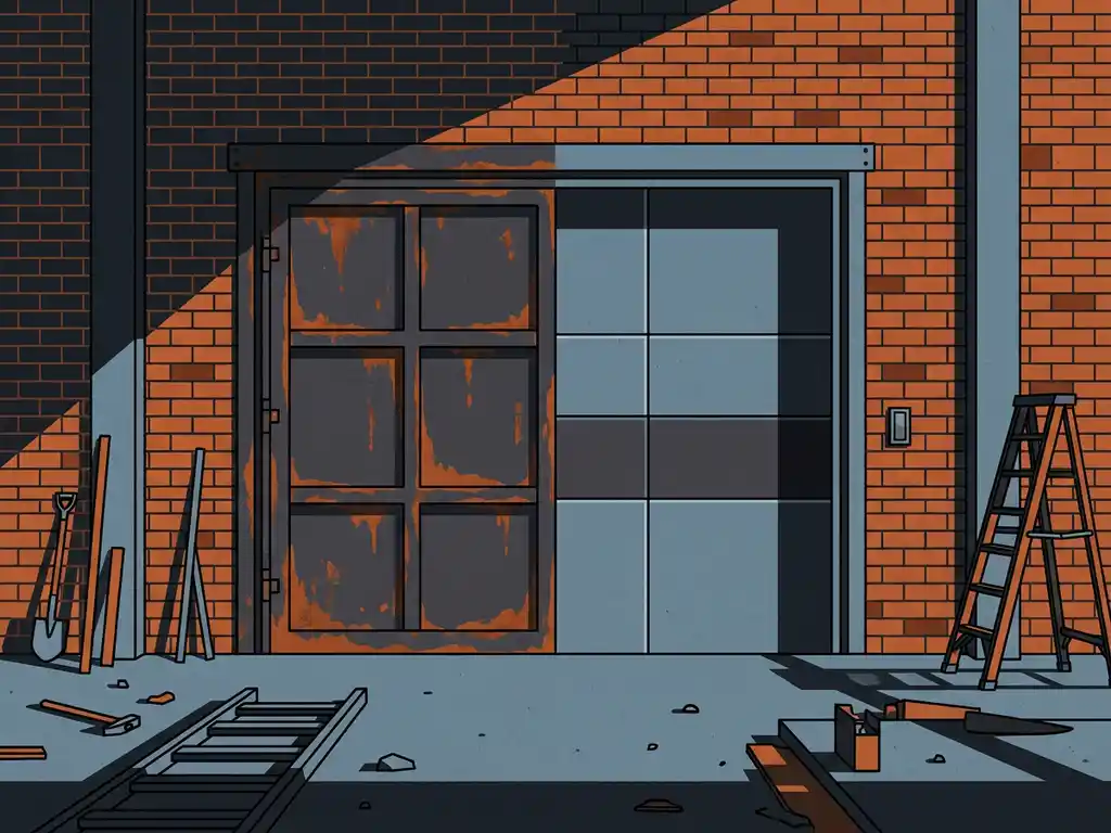Industrial fire door mid-renovation, half weathered steel and half modern fire-rated panels, inside a brick-walled building with new concrete flooring.