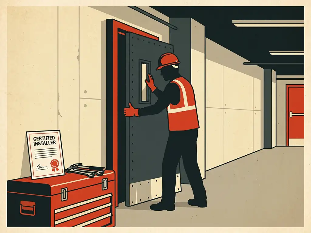 Certified installer mounting a heavy fire-rated steel door in a concrete industrial corridor, with laminated certification document on nearby toolbox.