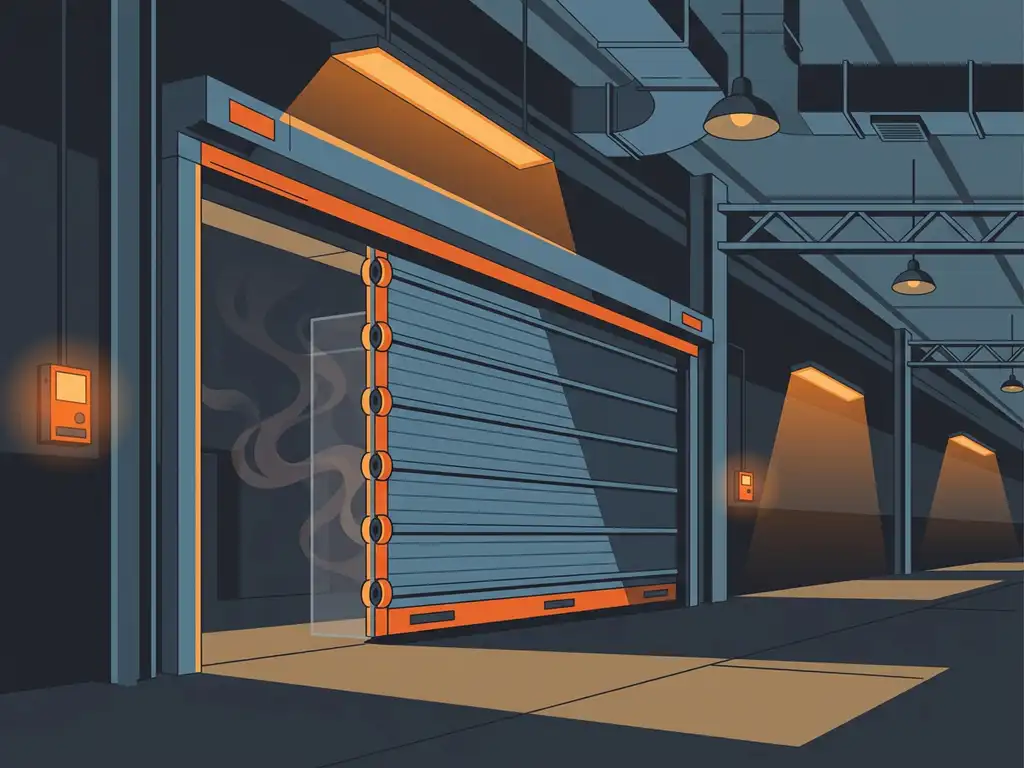 Fire-rated high-speed industrial door rolling down in a warehouse corridor under amber emergency lighting, with smoke visible on one side.