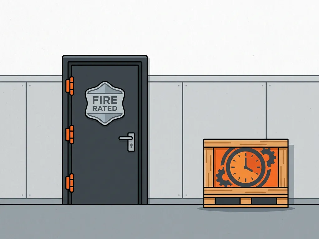 Fire-rated industrial door in a warehouse corridor beside a delivery pallet with a clock motif, charcoal and flame orange tones.