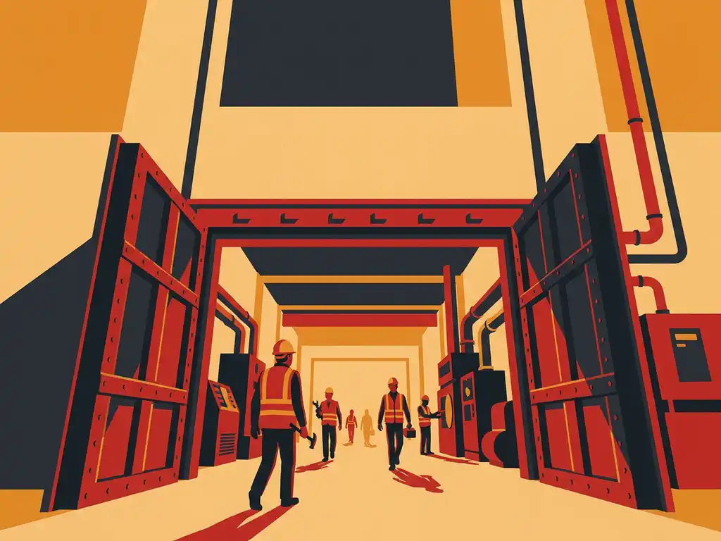 Fire-rated industrial door held open in a busy corridor as workers in safety vests pass through, flat vector illustration in charcoal, red, and amber.