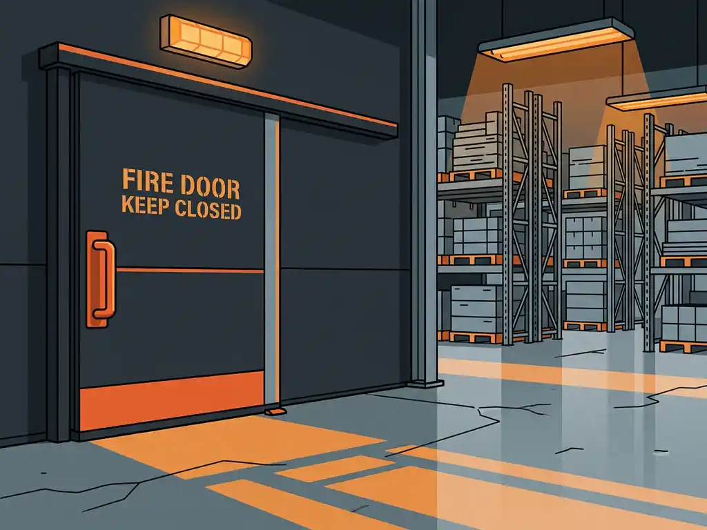 Fire-rated industrial sliding door closed in a warehouse, with steel shelving, stacked pallets, and amber emergency lighting on concrete floors.