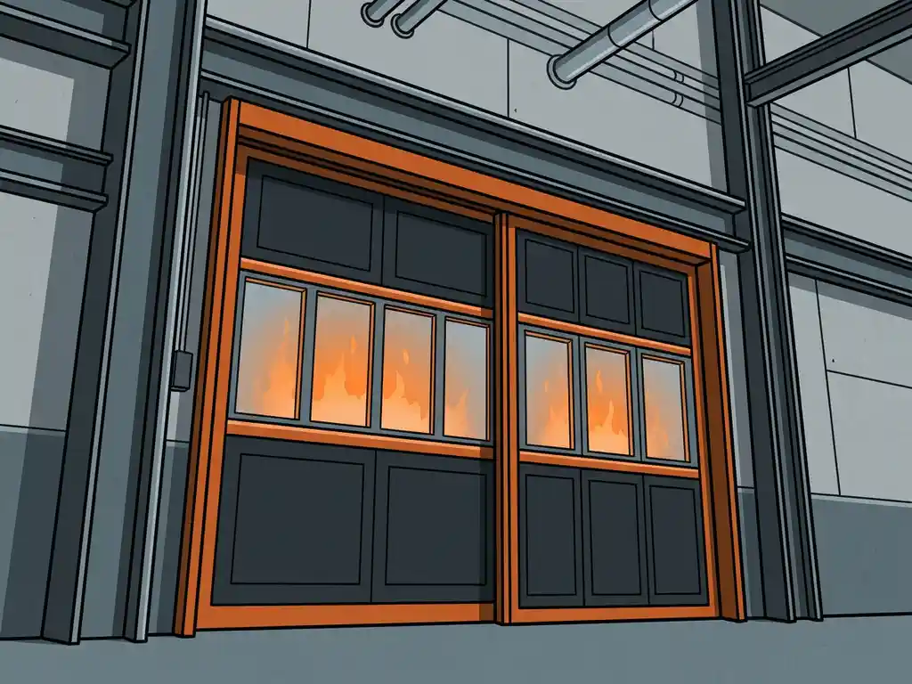 Large fire-rated industrial sliding door sealed shut in a warehouse, with orange flames glowing behind frosted fire-resistant glass panels.