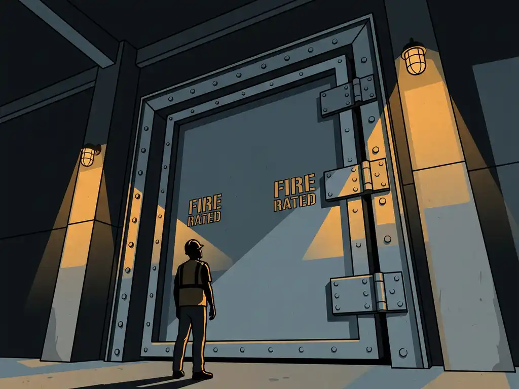 Towering fire-rated industrial steel door in a warehouse opening, worker standing nearby for scale, lit by warm amber safety lighting.