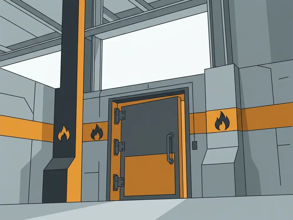 Large fire-rated steel door set within a concrete industrial building, flanked by a bold firewall dividing the interior space.