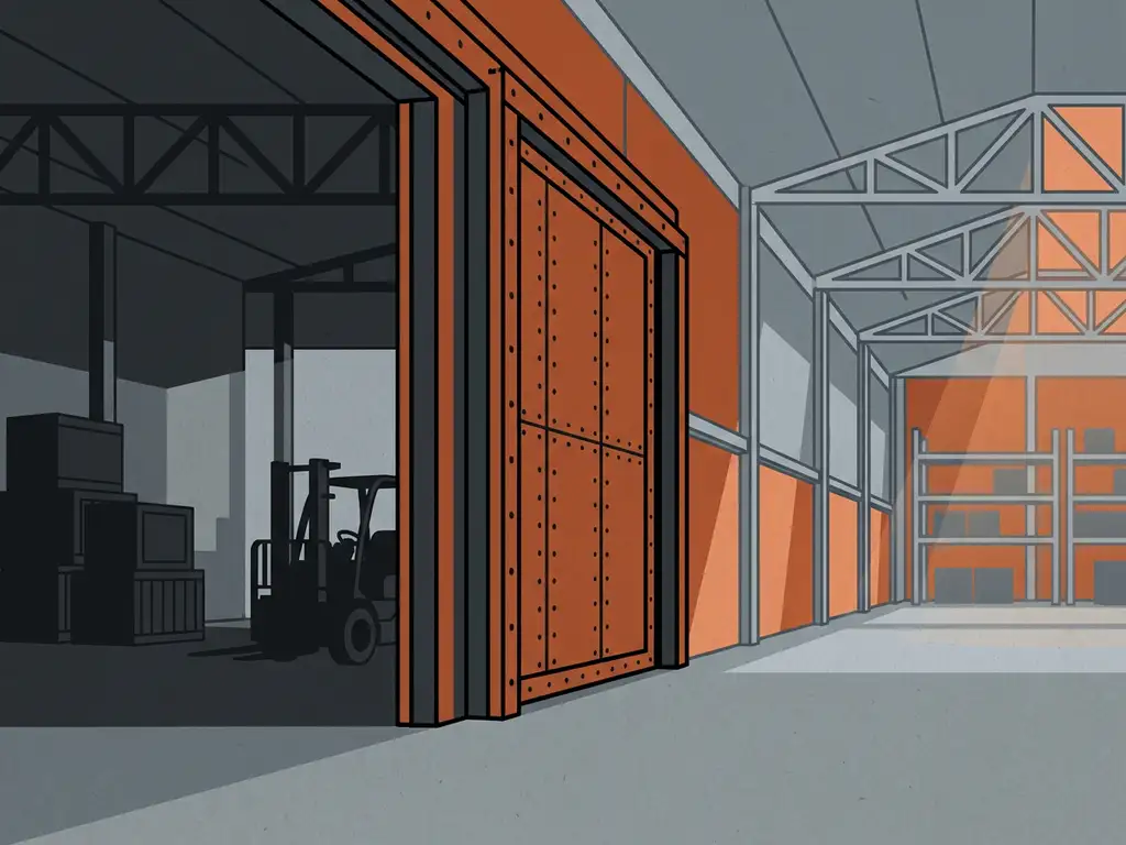Fire-rated steel door dividing two zones in a large industrial warehouse with concrete floors and overhead steel trusses.
