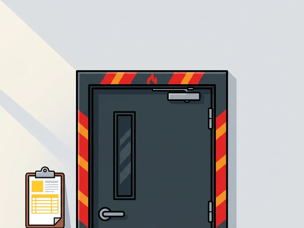 Steel fire-rated industrial door in a commercial corridor with flame-resistant markings and an inspection clipboard leaning against the wall.