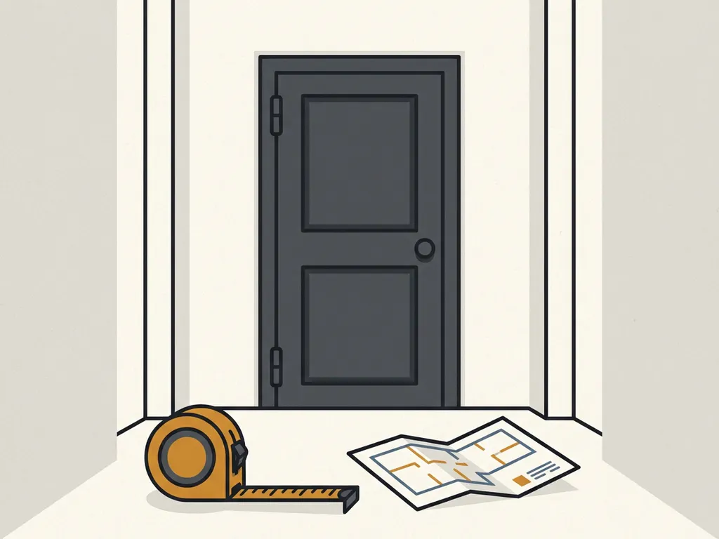Steel fire-rated door installed in a concrete corridor, with measuring tape and architectural floor plan on the ground nearby.
