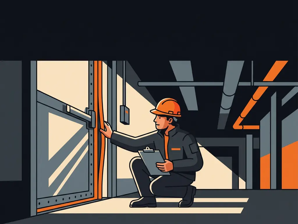 Fire safety inspector in hard hat crouching to examine an industrial fire door seal in a dimly lit warehouse corridor.