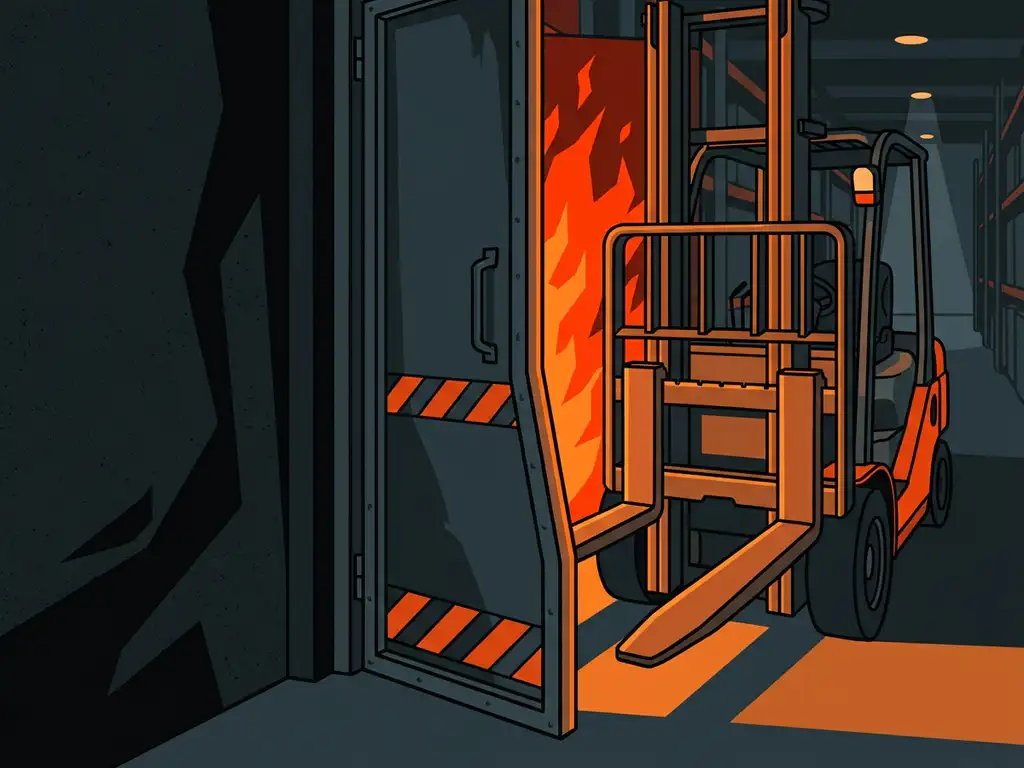 Forklift steel forks wedging open a fire door in a warehouse corridor, revealing an orange and red fire glow beyond.