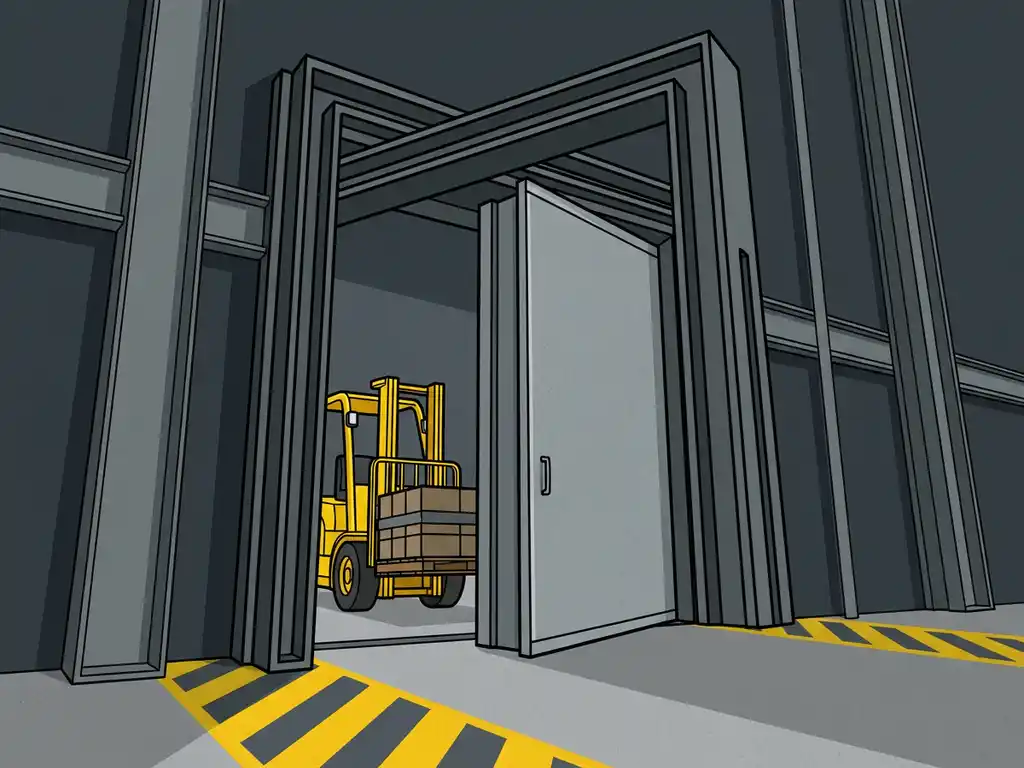 Yellow forklift carrying loaded pallet through open industrial fire door in a warehouse aisle with safety floor markings.