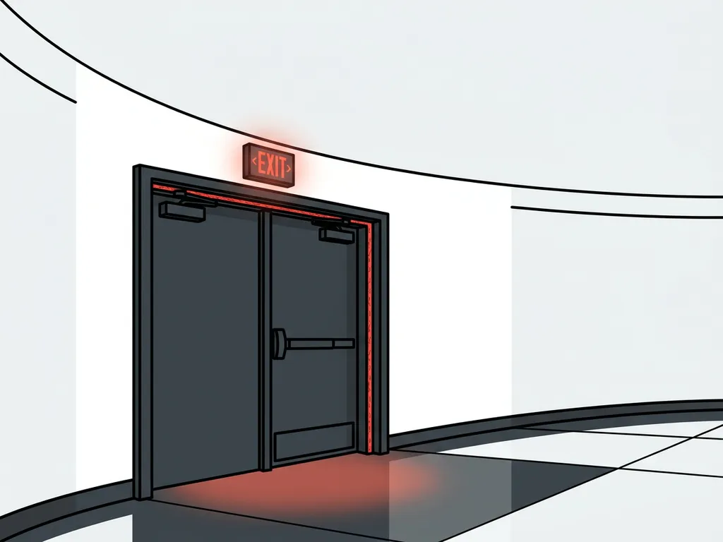 Fire-rated steel door with intumescent seals in a curved hospital corridor, red emergency exit glow illuminating the hallway floor.