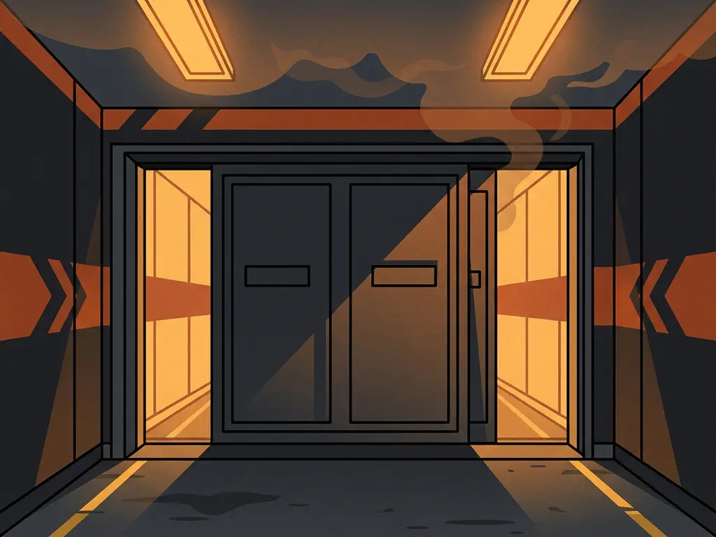 Industrial fire door closing automatically in a factory corridor, amber emergency lighting casting shadows across steel, smoke haze near ceiling.