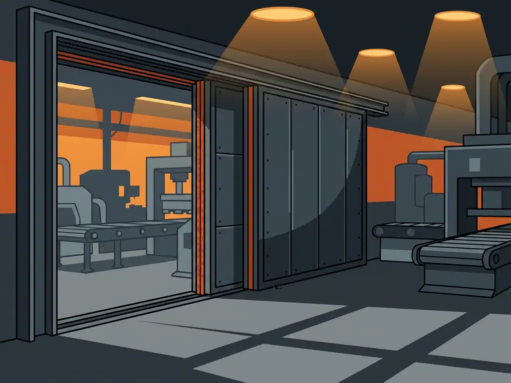 Industrial fire door closing in a factory hall, showing steel construction with intumescent seals, amber emergency lighting, and machinery silhouettes in background.