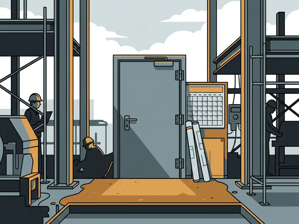 Industrial fire door on a construction site with concrete floors, steel scaffolding, wall calendar, and rolled blueprints leaning against the frame.