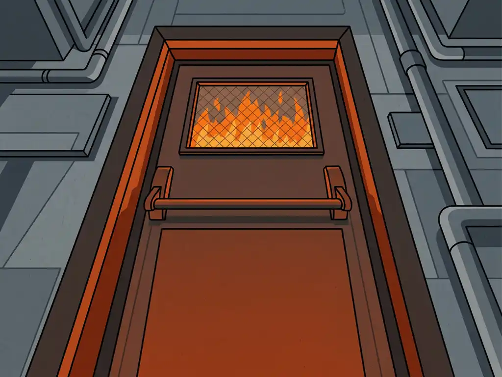 Heavy industrial fire door in a factory corridor, flames visible through wired glass panel, bold vector illustration in charcoal, orange, and slate grey.