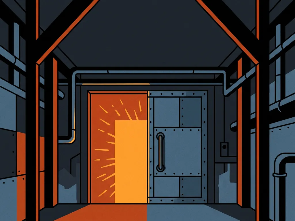 Industrial fire door in factory corridor, one side glowing amber with heat, the other cool steel blue, flat vector illustration.