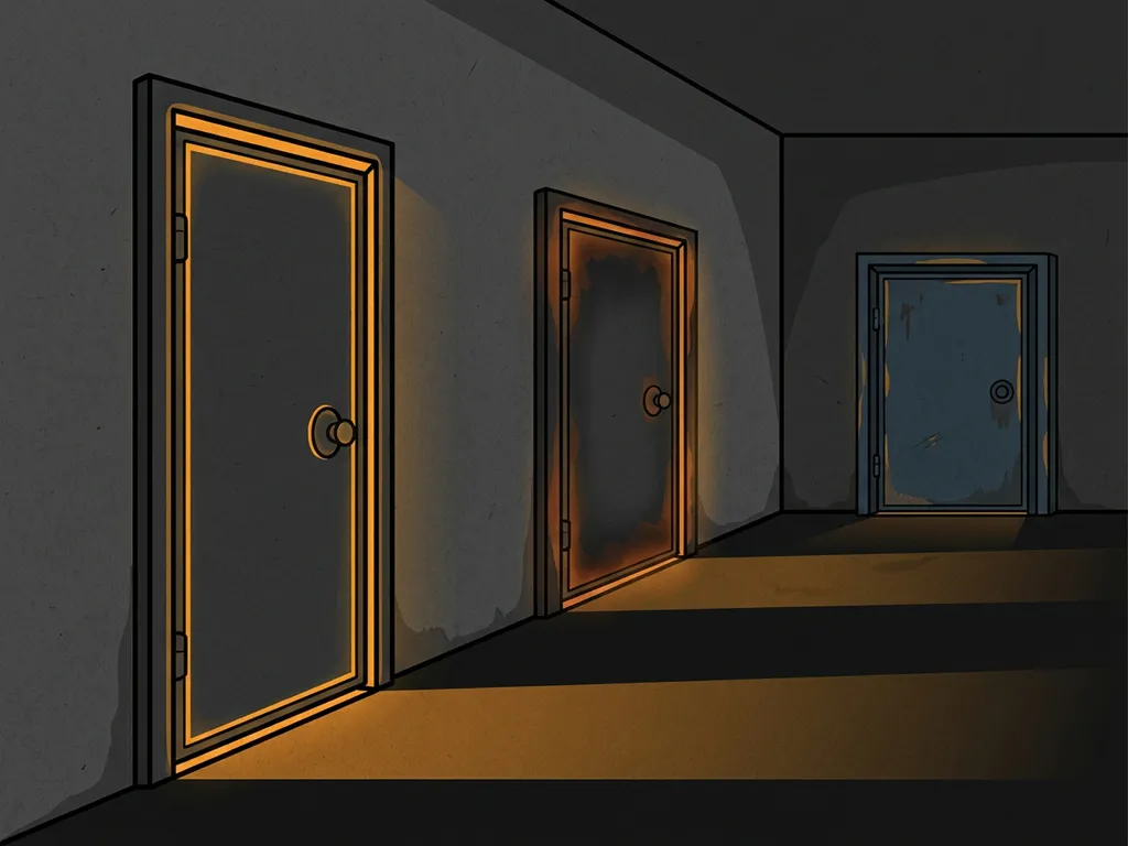 Three industrial fire doors glowing amber at sealed edges recede down a dark concrete corridor, each showing increasing heat damage.