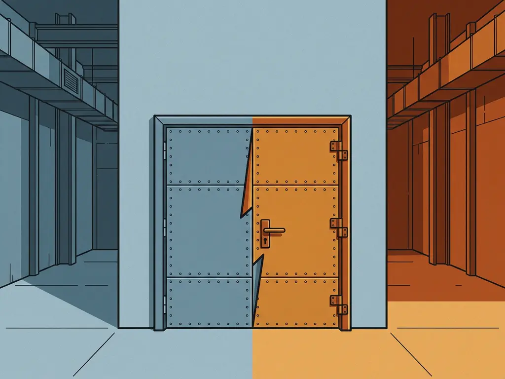 Industrial fire door in a warehouse corridor split between cool steel-blue and warm amber tones, illustrating heat gradient in flat vector style.