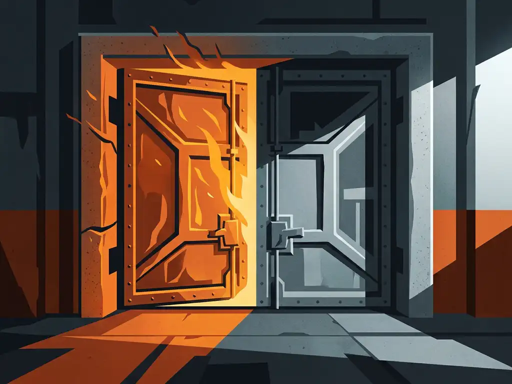 Industrial fire door in concrete corridor, one side glowing orange with radiant heat, the other cool grey, demonstrating thermal separation.