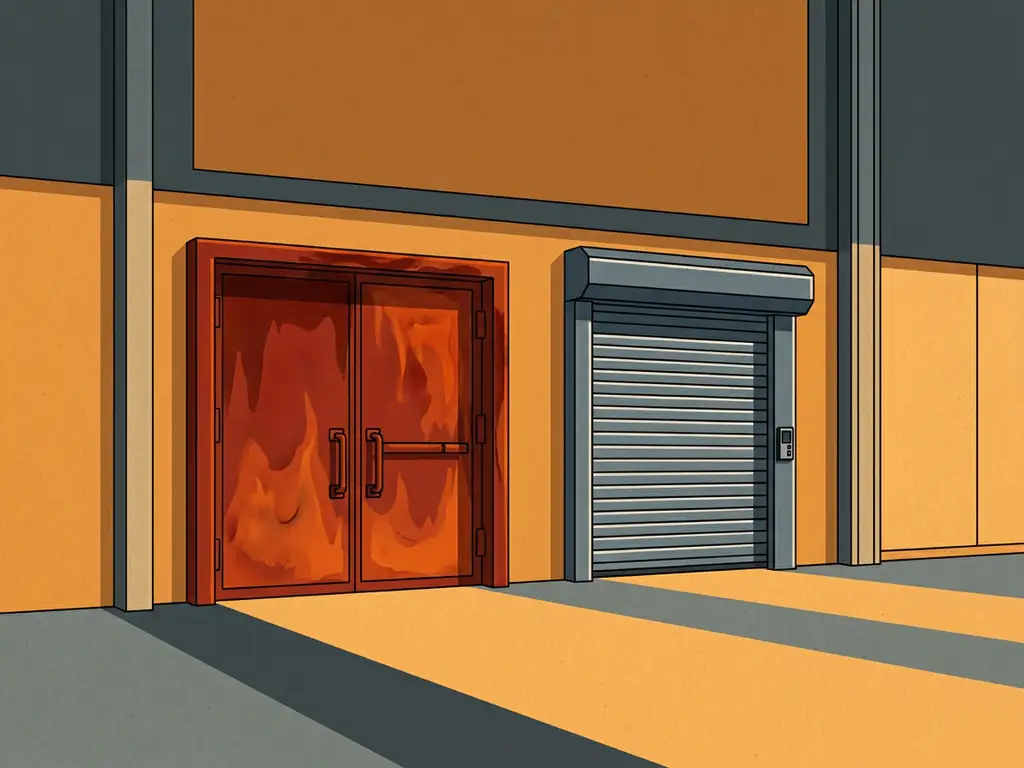 Heat-scorched industrial fire door beside a sleek steel grey high-speed door in a warehouse corridor, dramatic side lighting.