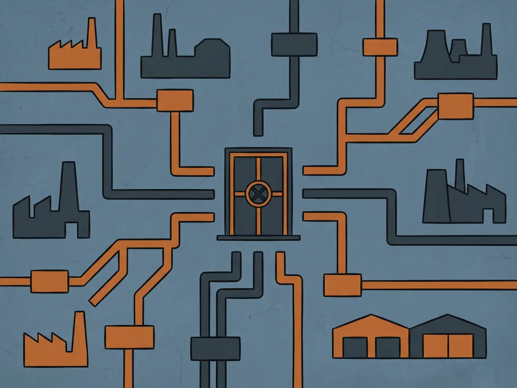 Geometric pathway network connecting a central industrial fire door to warehouse and factory silhouettes in charcoal, orange, and slate blue flat vector style.