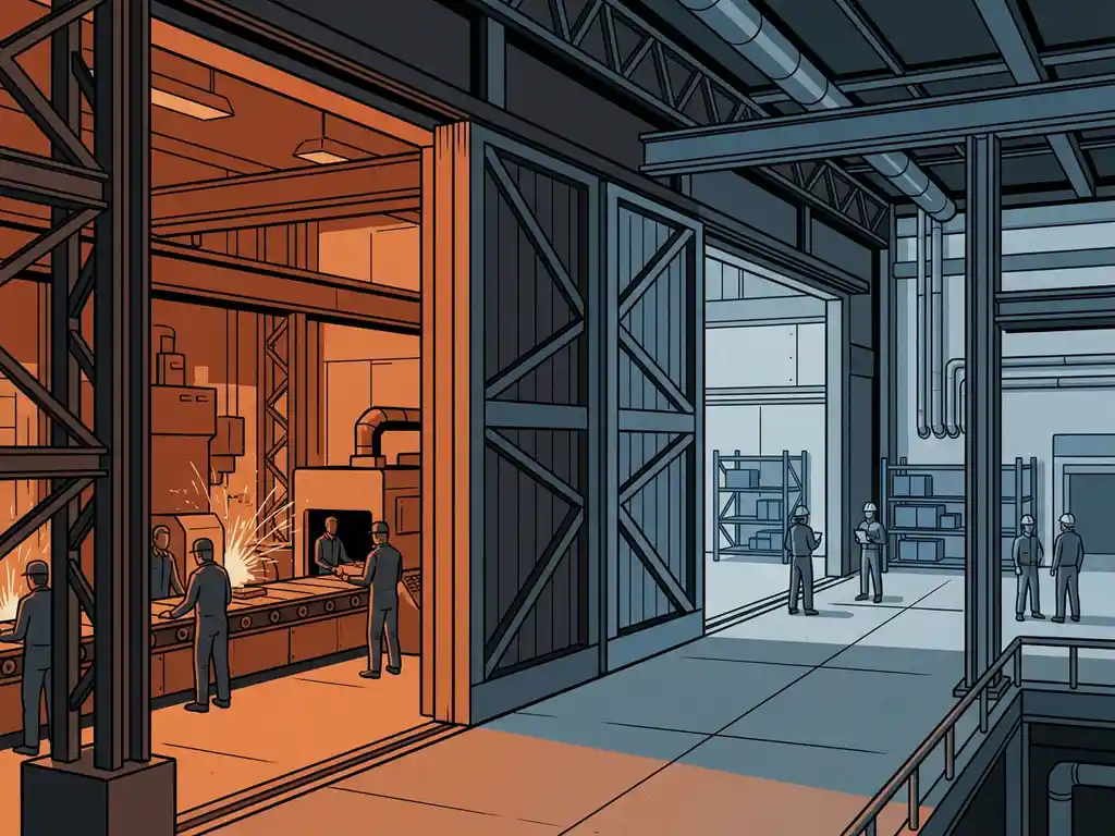 Heavy-duty fire-rated sliding door dividing two industrial zones, warm amber glow contrasting cool steel-blue compartment in a flat vector illustration.