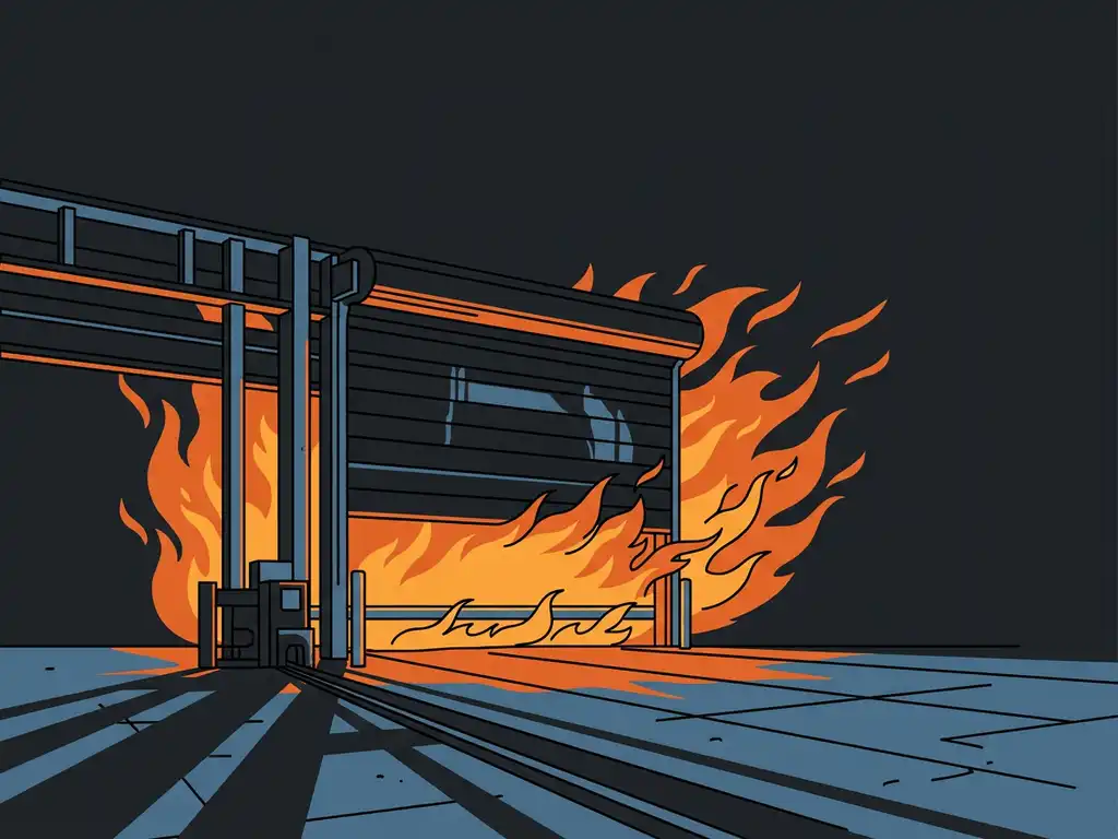 Industrial high-speed roll-up door containing flames and heat in a production facility, flat vector illustration with charcoal, orange, and steel blue tones.