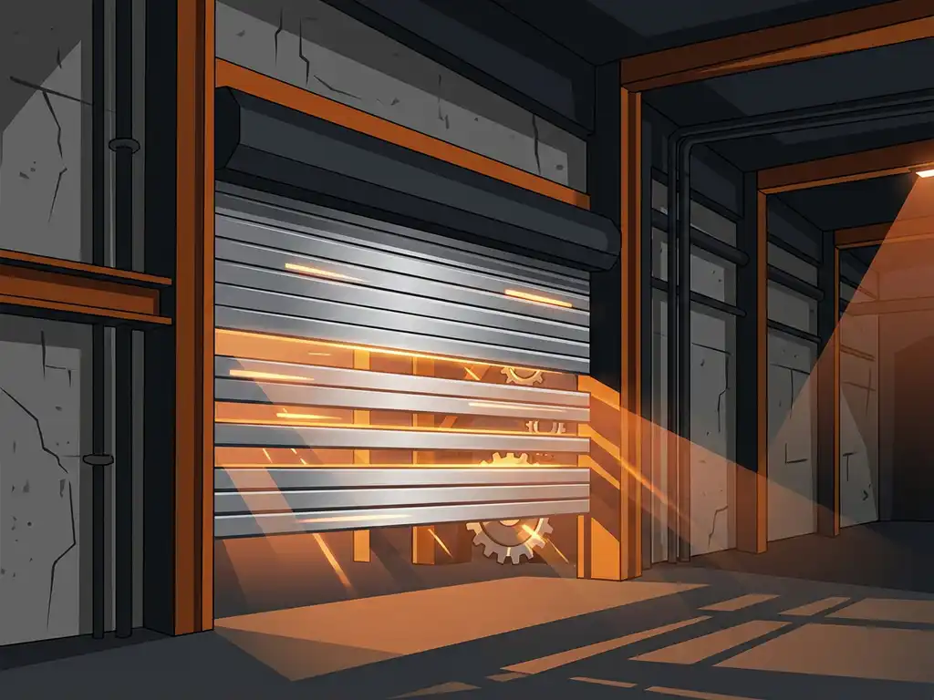 Industrial high-speed roll-up door in motion, aluminum slats reflecting amber firelight in a concrete factory corridor.