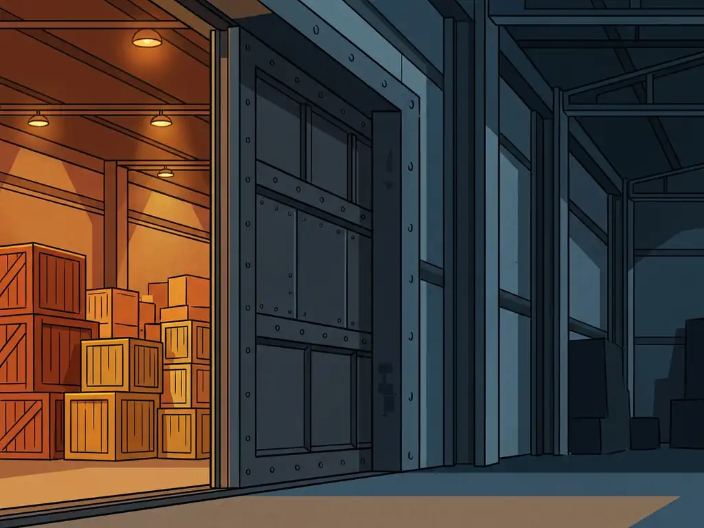 Closed fire-rated steel door dividing a warehouse into warm amber and cool shadow compartments, vector illustration in charcoal, orange, and steel blue.