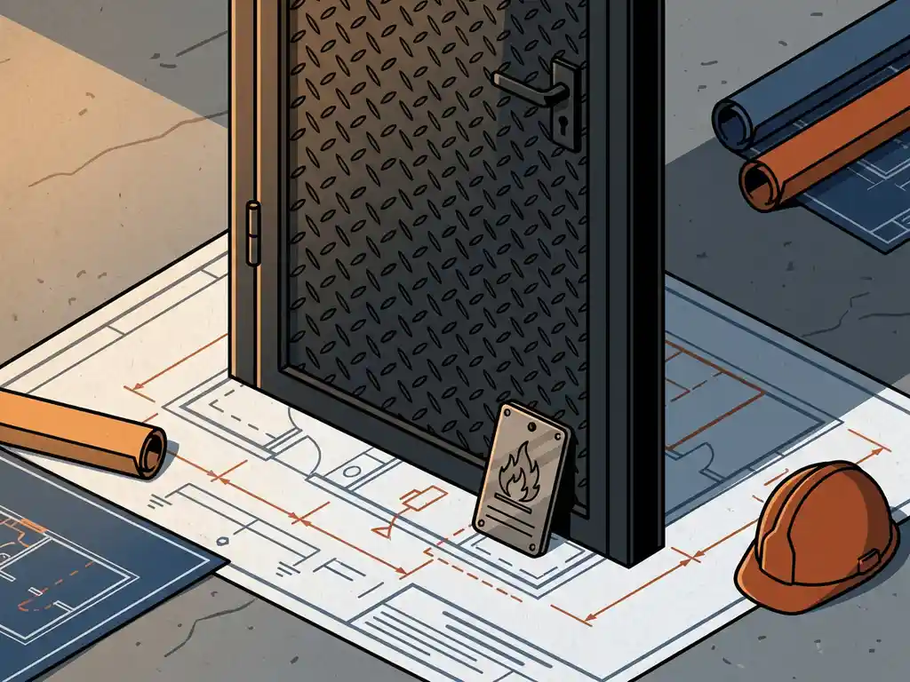 Steel fire-rated industrial door upright on construction blueprints, with a metal classification tag, hard hat, and rolled architectural plans on a concrete floor.