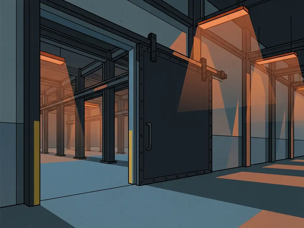 Fire-rated sliding door partially closed across a wide warehouse aisle, with steel columns receding under amber emergency lighting.