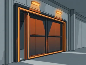Brandwerende snelsluitdeur in sluiting in industriële magazijngang met zichtbare intumescerende afdichtingen en oranje noodverlichting.